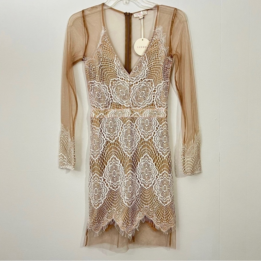 White and Tan Lace Dress, NWT -Small